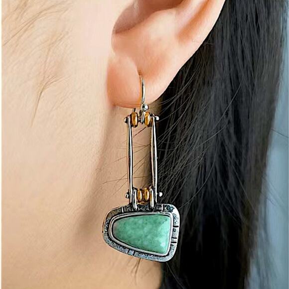 Vintage Silver Turquoise Asymmetrical Geometric Bohemian Boho Earrings - Picture 2 of 7